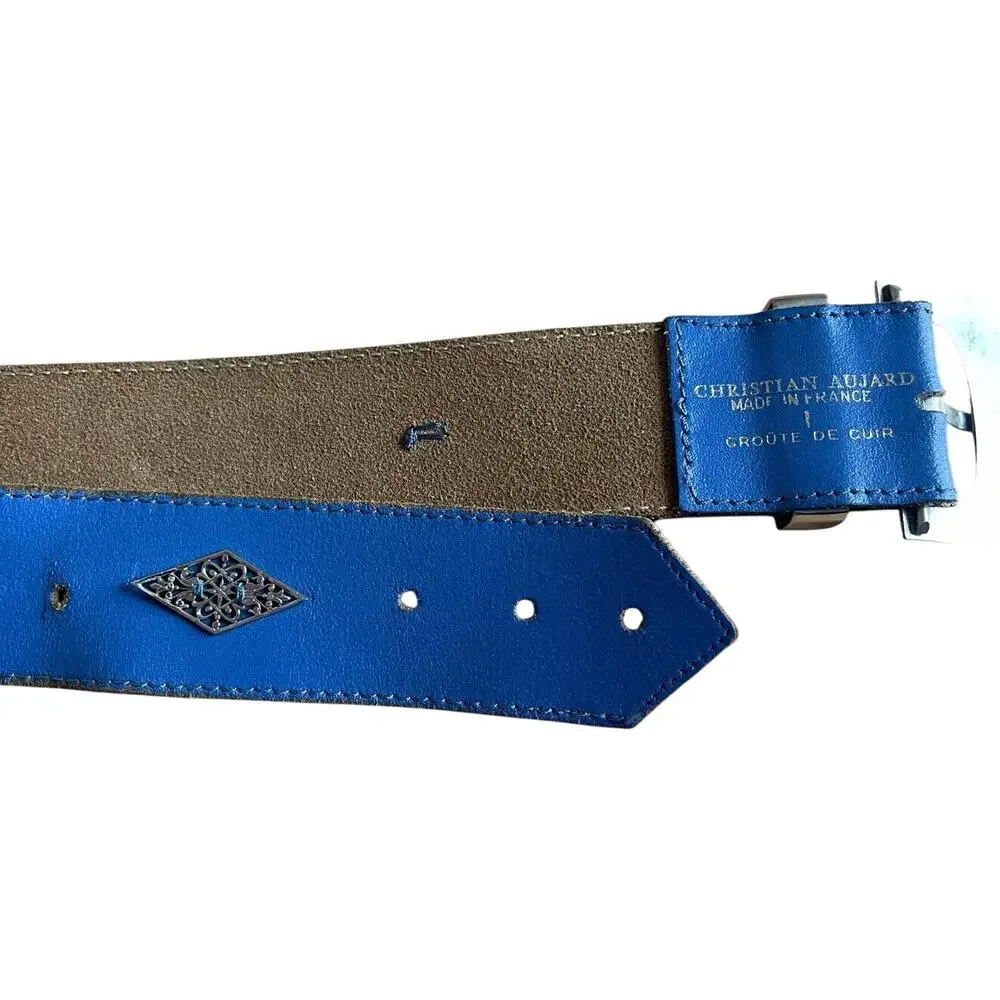 Vintage Christian Aujard Blue Leather Belt with Silver Buckle Size 32